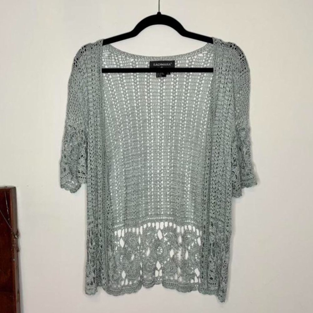 Sz L, Sadimara by Colette Mordo, greyish/greencrochet knit short sleeve cardigan